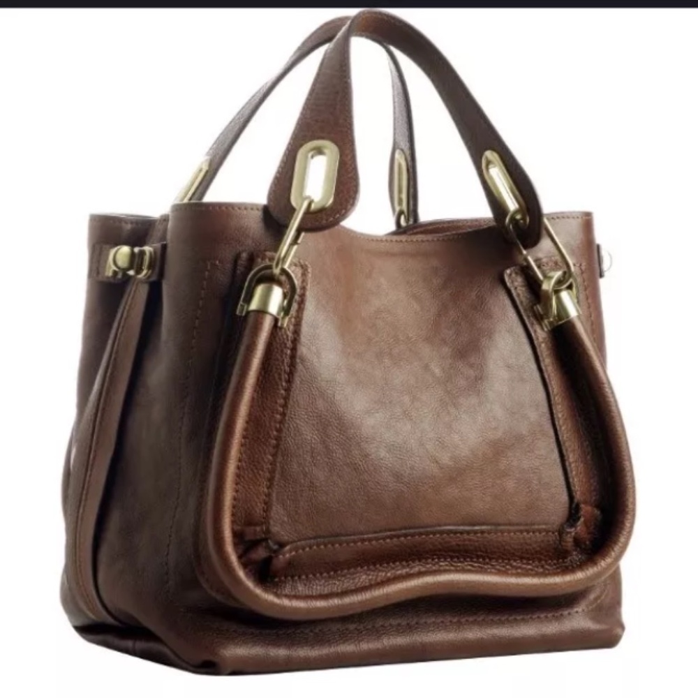 Authentic Chloé Chocolate Brown Leather Paraty Tote Gold Color Hardware